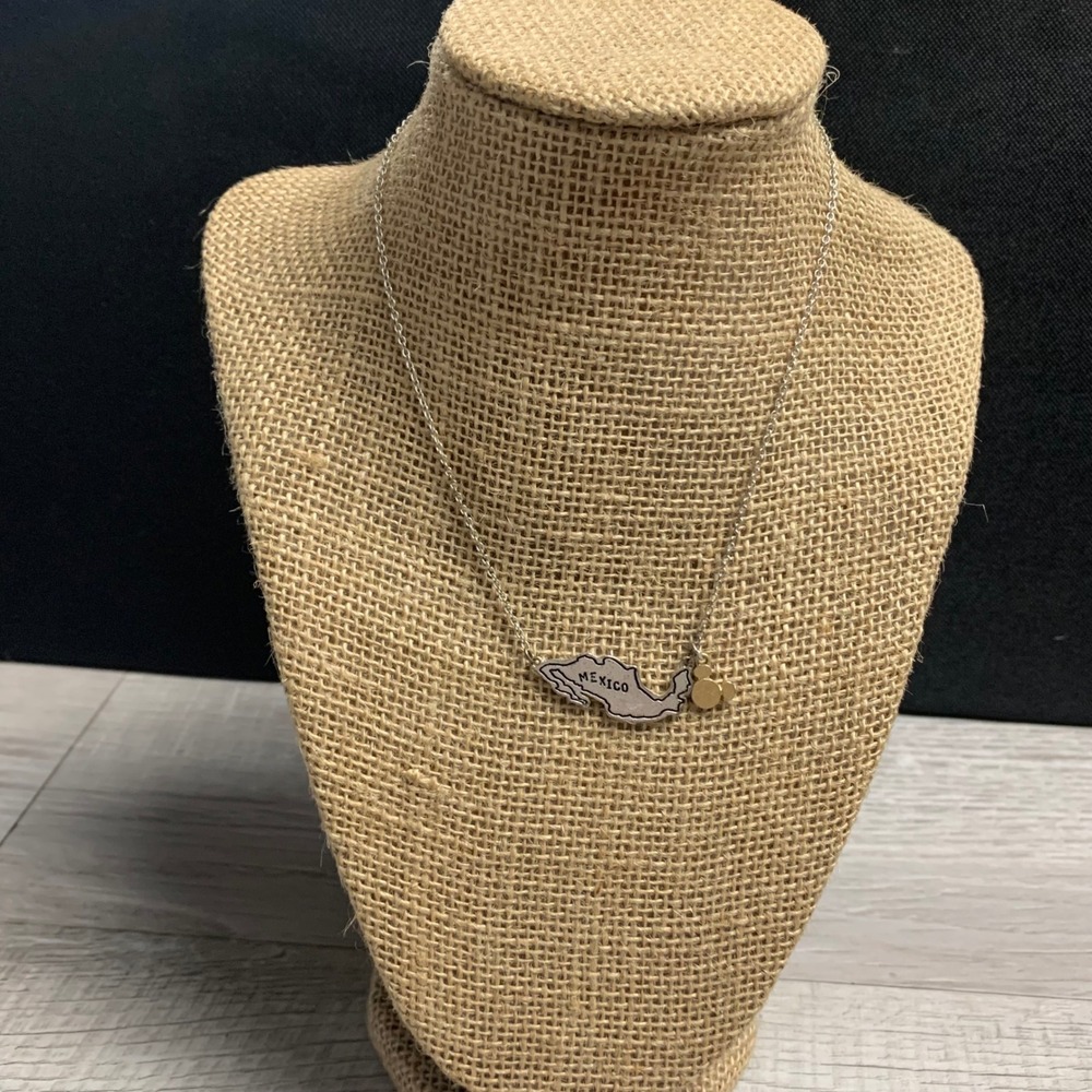 Mexico Map Pendant Necklace Silver Tone with Gold Mouse Charm 16 Inch